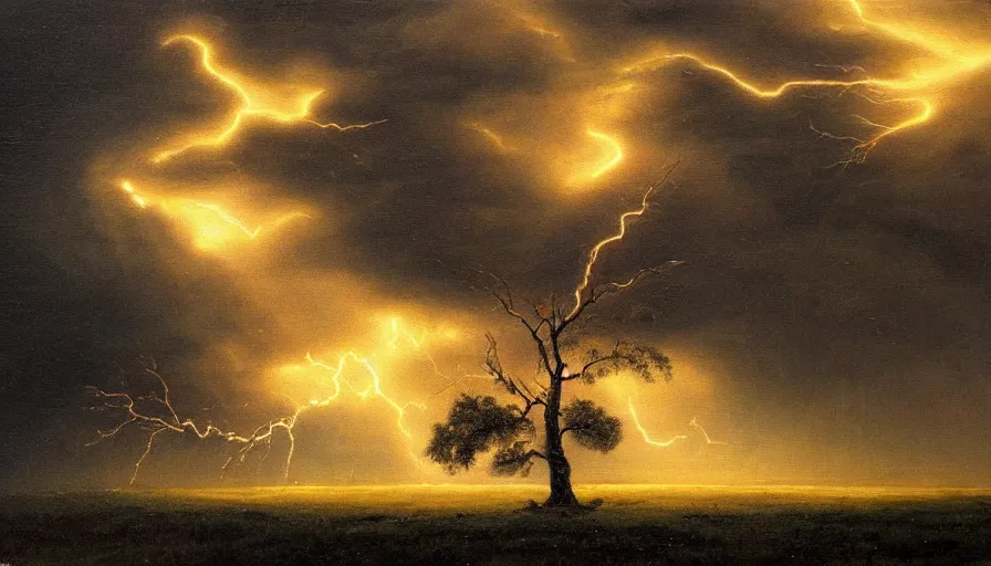 Image similar to A beautiful, highly-detailed oil painting of a lightning striking a lonely oak tree in the middle of a dark, stormy landscape