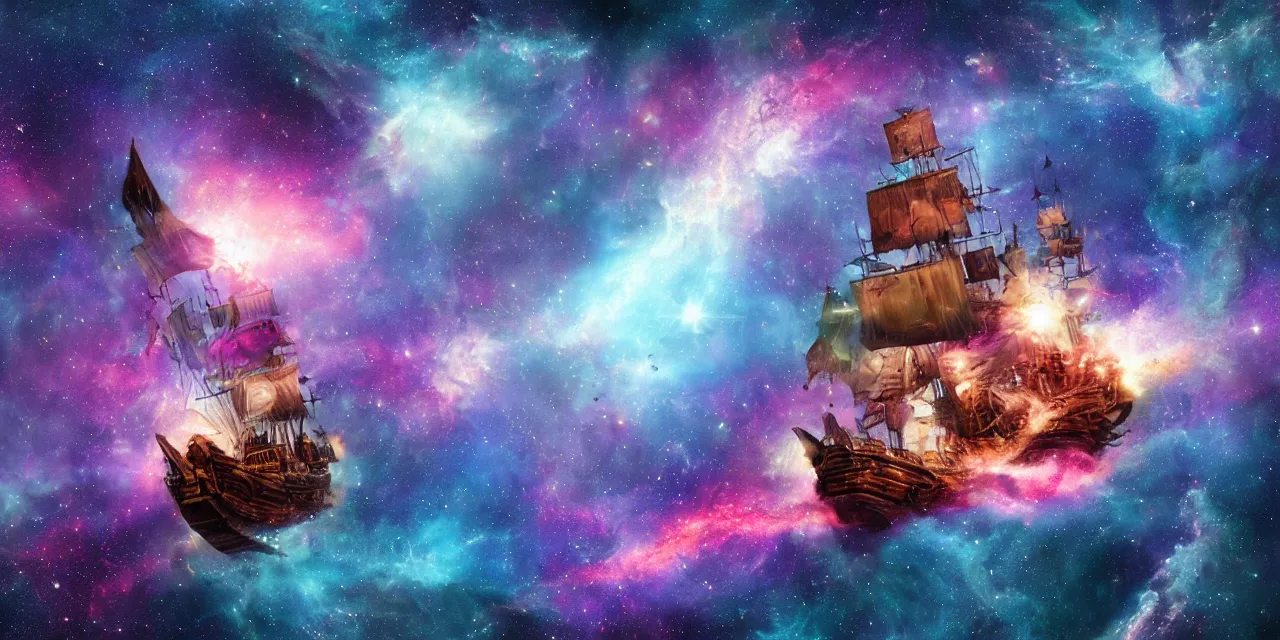 Prompt: pirate ship sailing on a nebula in space