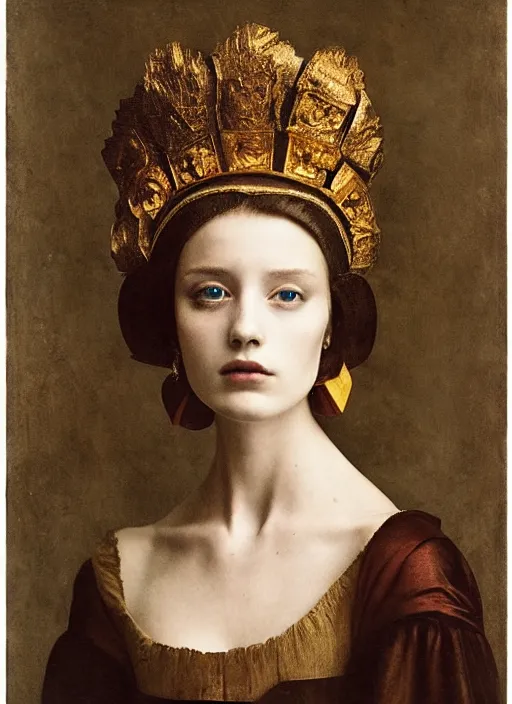 Image similar to portrait of young woman in renaissance dress and renaissance headdress, art by paolo roversi