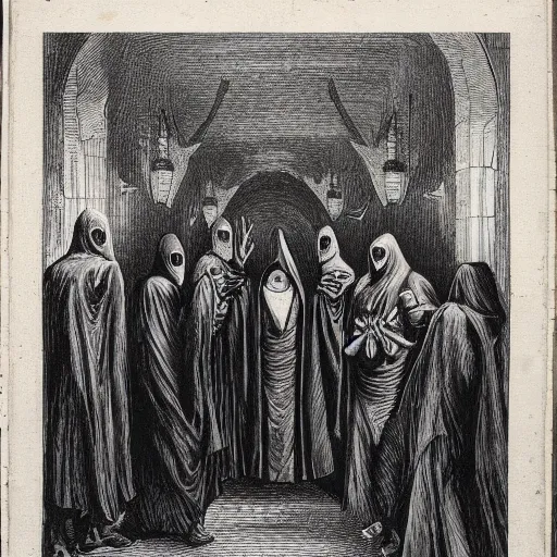 Prompt: a group of robed cultists standing around a metaphysical being, dark, gothic, monochrome, Hannah Barbara, maximalist