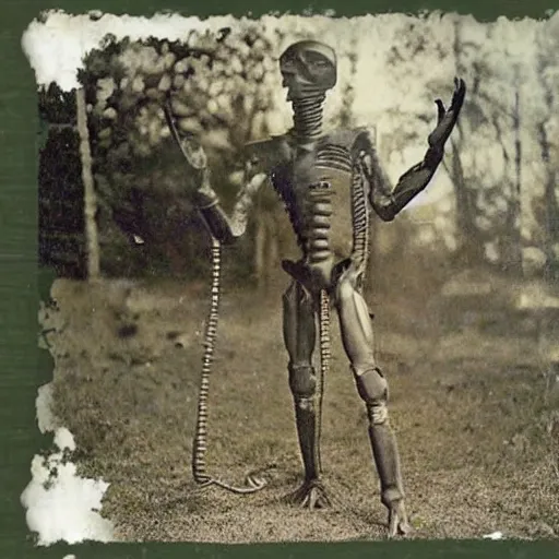 Image similar to first 6 legged intelligent humanoid species is discovered, 1905, vintage photograph, restored colors