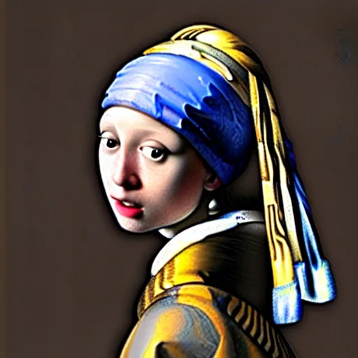 Image similar to Girl with Pearl Earring, painting by Johannes Vermeerstarry badly edited with photoshop