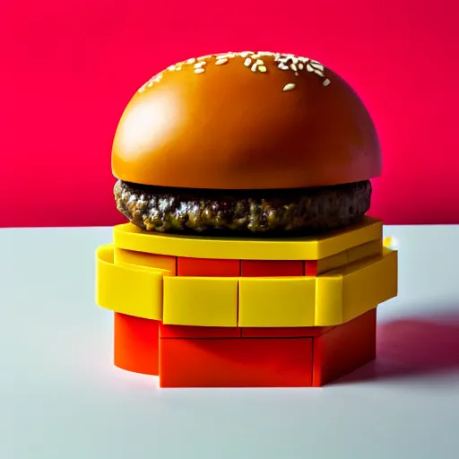 Image similar to a cheese burger made of lego, modern art