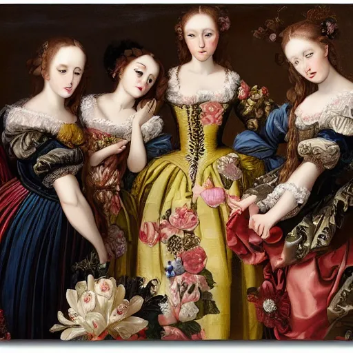 Image similar to renaissance, baroque oil painting brushstrokes, group of creepy young ladies wearing renaissance long harajuku manga dress with flowers and skulls, background chaotic flowers