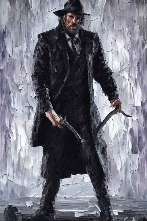 Image similar to palette knife oil painting of the norse god tyr as a noir detective with a missing hand. fedora, trenchcoat. extreme detail. artstation trending, any racial background, artgerm, deviant art, octane, substance, art history 8 k