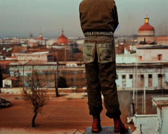 Image similar to lomo photo of man standing on the roof of soviet hrushevka, small town, cinestill, bokeh, out of focus