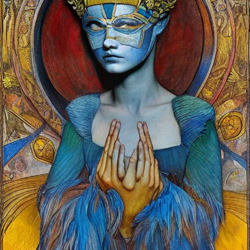 Prompt: the dawn queen with her bird mask, by annie swynnerton and diego rivera and elihu vedder, symbolist, dramatic lighting, elaborate geometric ornament, art brut, soft cool colors, smooth, sharp focus, extremely detailed, leo and diane dillon