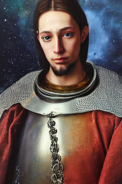 Image similar to hyperrealism oil painting, close - up portrait of caucasian medieval fashion model, knight, steel gradient mixed with nebula sky, in style of baroque mixed with 7 0 s japan book art