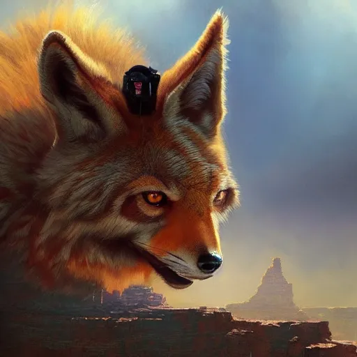 Image similar to Red Tiger Coyote Hybrid collar wearing feather crest paws tail eyes furry fuzzy standing atop grand canyon greg rutkowski greg danton tony sart raymond swanland chris foss chris cold christophe norman rockwell young acrylic 4k artstation wikiart wikipedia realism tilt-shift aspca national geographic