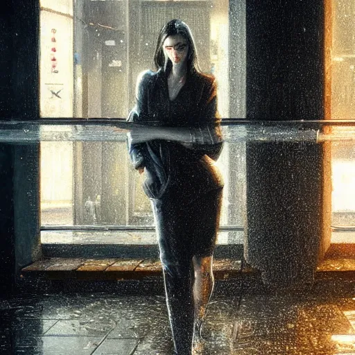 Image similar to detailed portrait of a woman, moment, cyberpunk cloisters, electronic billboards, tech noir, wet reflections, atmospheric, ambient, livia prima, greg rutkowski, edward hopper