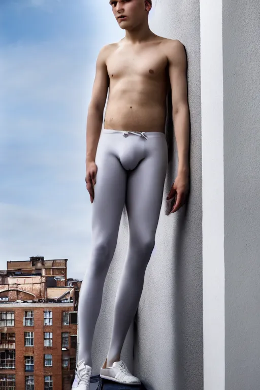 Image similar to un ultra high definition studio quality photographic art portrait of a young man standing on the rooftop of a british apartment building wearing soft padded silver pearlescent clothing. three point light. extremely detailed. golden ratio, ray tracing, volumetric light, shallow depth of field. set dressed.