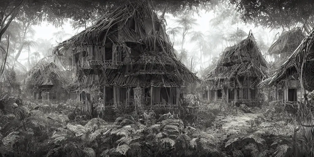 Prompt: long and tall organic houses, village, jungle, black and white, year 1 9 0 0, artstation, digital art