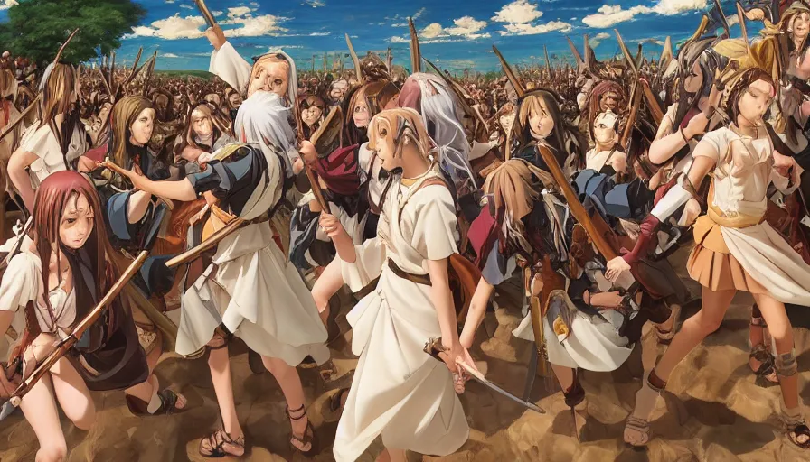 Prompt: jesus christ our lord leading an army of anime girls into battle, photorealistic, anime, mini skirt, long hair, renaissance painting, hyper real, detailed, closeup shot, ultra detailed