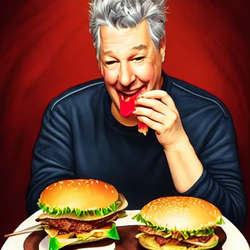 Image similar to portrait of a Marc Summers eating a hamburger, extra onions and ketchup, luscious patty with sesame seeds, masculine, handsome, D&D, fantasy, intricate, elegant, highly detailed, digital painting, artstation, concept art, matte, sharp focus, illustration, art by Artgerm and Greg Rutkowski and Alphonse Mucha