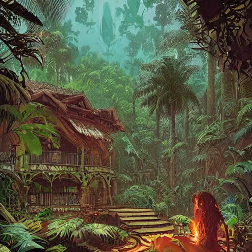 Image similar to jungle mansion by greg rutkowski. day beach by dan mumford.