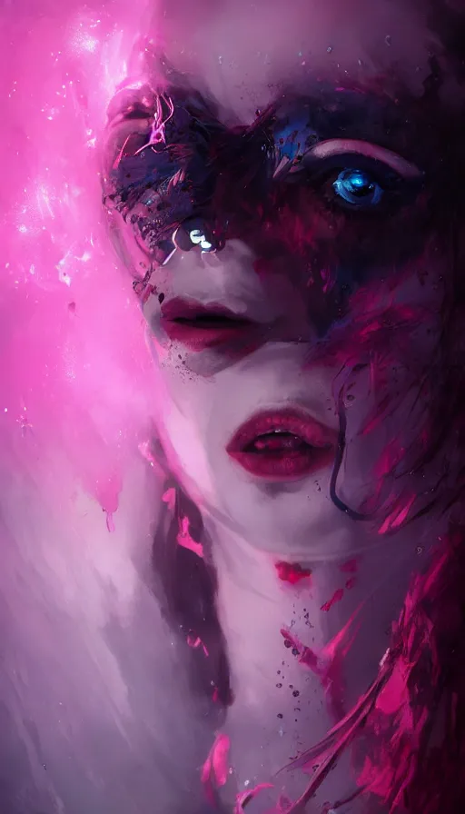 Prompt: shot of singer girl with pouty aerochrome ( ( ( lips ) ) ), powerful, adorable, expressive eyes, big evil grin, kawaii playful pose of a dancer, greg rutkowski, charlie bowater, yuumei, stephen gammell, unreal 5, daz, hyperrealistic, dark, dynamic lighting, fantasy art, beautiful face