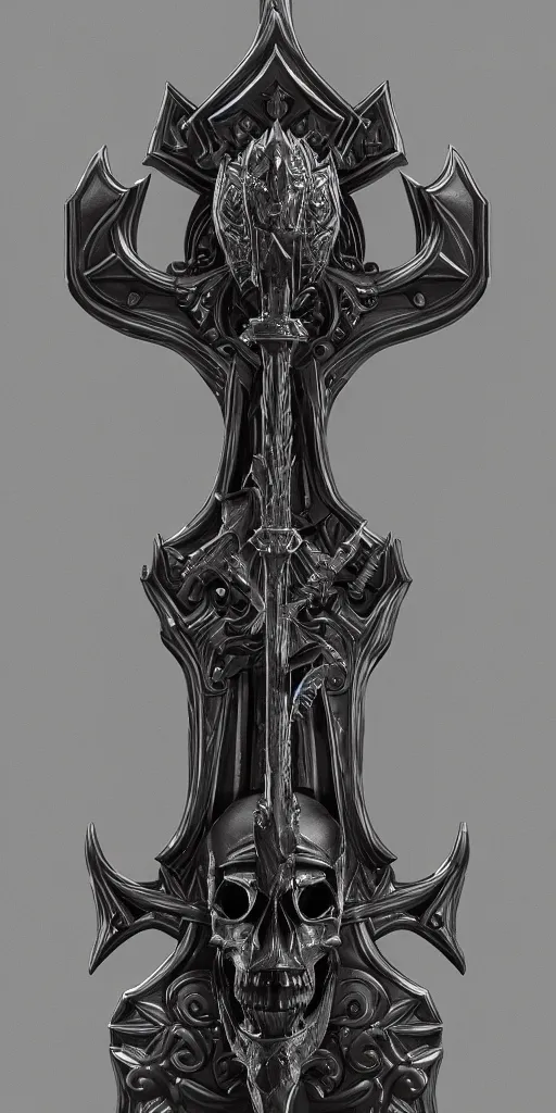 Image similar to a black and silver sword skull crest, ornament, weapon, a 3 d render by dom qwek, front side, concept art, trending on polycount, artstation, hard surface modeling, rendered in maya, zbrush, hd, vray, blizzard concept, symmetry