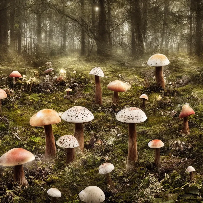 Image similar to a planet of various fungus, mushrooms and plants, inside the picture is infinity, Atmospheric phenomenon, artistic photography, muted colors, conceptual, long exposure outside the city, volumetric light