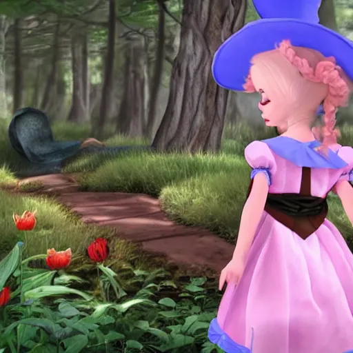 Prompt: photo of Alice in Wonderland encounter a 3d render emote in the forest