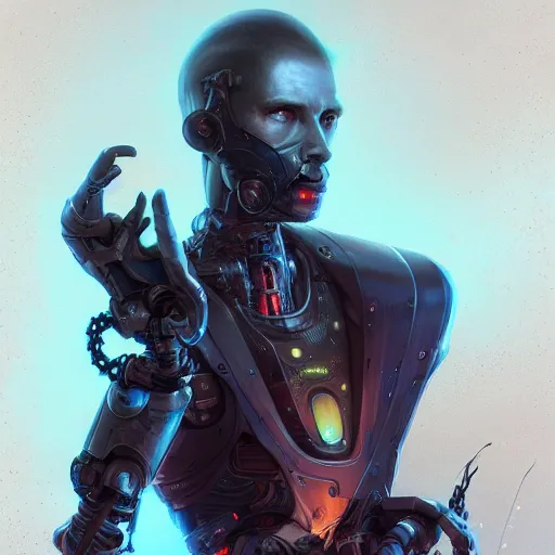 Image similar to portrait of a tough cybernetic man with a damaged bionic arm, cyberpunk concept art by pete mohrbacher and seb mckinnon and beksinski and josan gonzales, digital art, highly detailed, intricate, sci-fi, sharp focus, Trending on Artstation HQ, deviantart, unreal engine 5, 4K UHD image