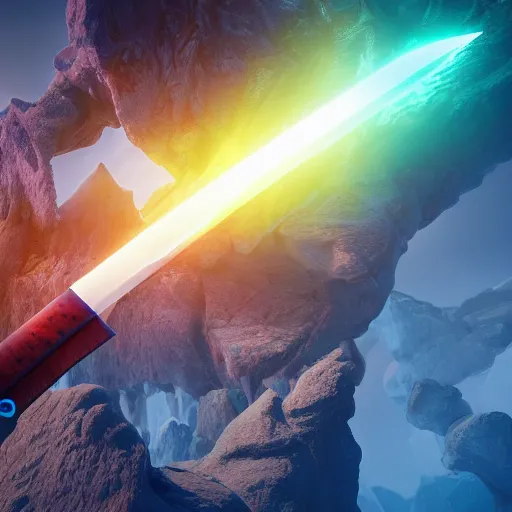 Image similar to a mythic legendary elemental multicolor sword creating a powerful aura, octane render, unreal engine, 3D, 8K, ultra detailed, as coherent as Dall-E 2