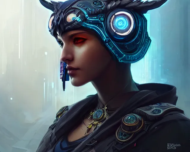 Prompt: owl cyberpunk outfit, deep focus, d & d, fantasy, intricate, elegant, highly detailed, digital painting, artstation, concept art, matte, sharp focus, illustration, hearthstone, art by artgerm and greg rutkowski and alphonse mucha