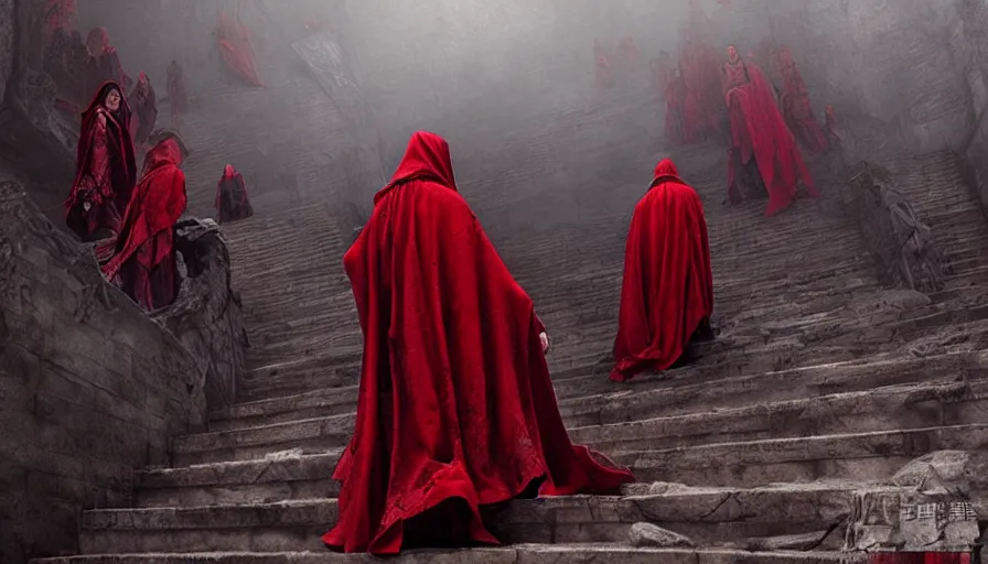 Image similar to figures in red cloaks ascend huge creepy fantasy stairs, cinematic, movie still, art by ruan jia and albert voidstar