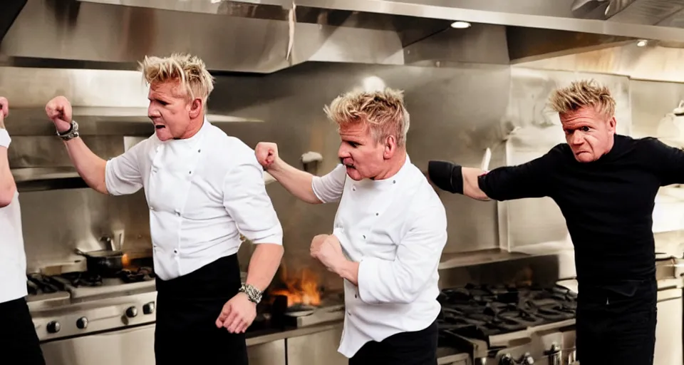 Prompt: photo of angry furious Gordon Ramsay punching Gordon Ramsay at the kitchen