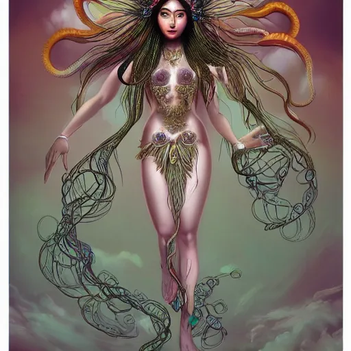 Prompt: Full body photo of the most beautiful goddess, she has a jellyfish-phoenix head's and a siren body, some tentacles are on her body, she flying to heaven through the clouds, she is swimming with some chrysaora hysoscella, there is smoke behid her, by Tooth Wu, trending on Artstation, digital art, symmetrical artwork, cinematic, hyper realism, high detail, octane render, 4k, 8k