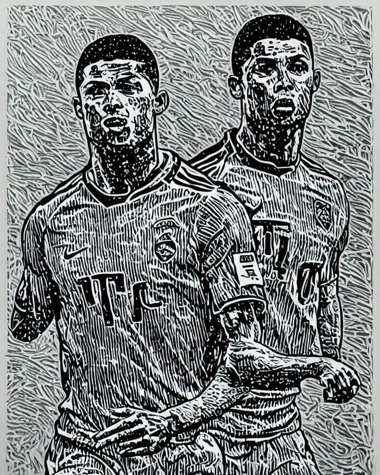 Image similar to a detailed lifelike linocut engraving of ronaldo fenomeno