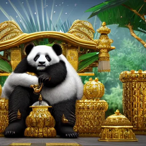 Image similar to panda king on a gilded throne, raising a staff encrusted with jewels, jungle scene, octane render, by tokaido