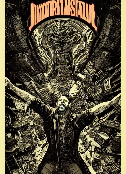 Prompt: a photorealistic dramatic hyperrealistic stylish graphic color poster illustration of disturbed live by joe fenton, dan mumford, color concert poster art design, beautiful dynamic dramatic dark moody lighting, shadows, cinematic atmosphere, octane render, 8 k