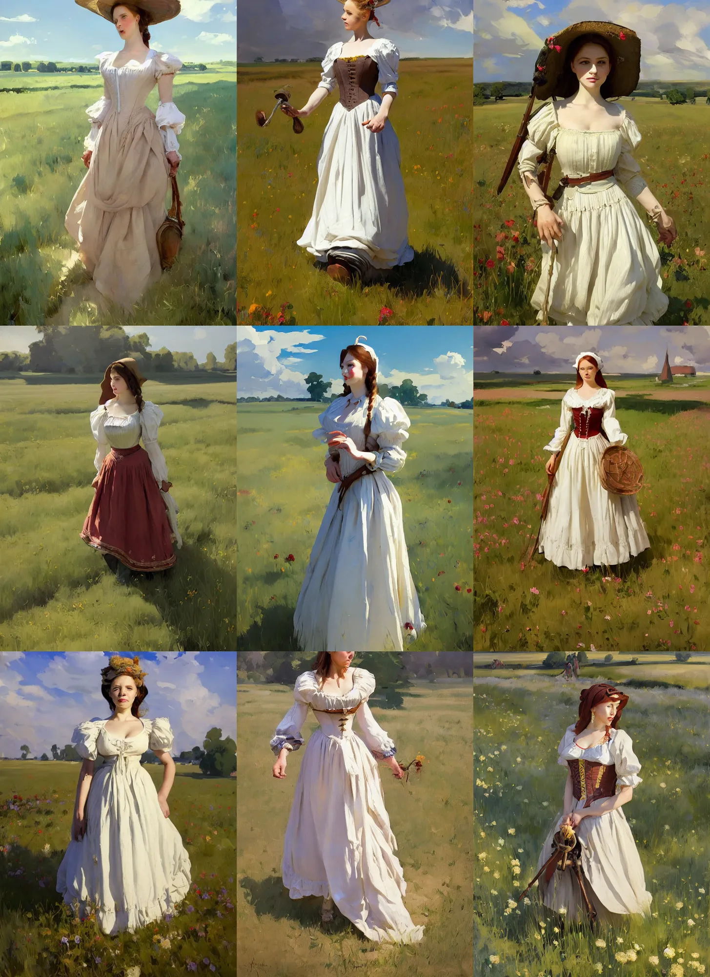 Prompt: attractive belarusian ukrainian polish village maiden wearing 1 7 th century bodice walking in the field in a sunny day, jodhpurs greg manchess painting by sargent and leyendecker, studio ghibli, fantasy, medium shot, asymmetrical, intricate, elegant, matte painting, illustration, hearthstone, by greg rutkowski, by greg tocchini, by james gilleard