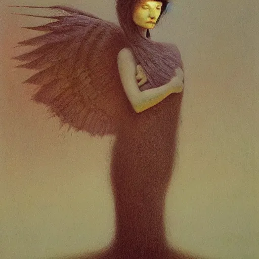 Image similar to young teen female with head of raven, painting by Beksinski