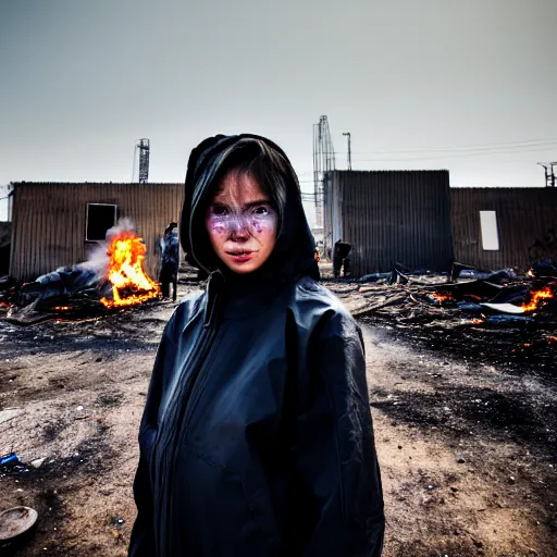 Image similar to photographic portrait of a poor techwear woman holding back tears, a futuristic shanty town burns in the background, closeup, sigma 85mm f/1.4, 4k, depth of field, high resolution, 4k, 8k, hd, full color