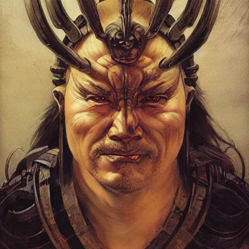 Image similar to head and shoulders portrait of a kensai, d & d, fantasy, greg rutkowski, frank frazetta, alexandre chaudret, boris vallejo, michael whelan, miro petrov, hr giger, magali villeneuve, donato giancola