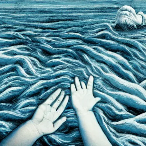 Image similar to stranded ship, hands reaching up from the sea, creepy, deep blue sea, dread