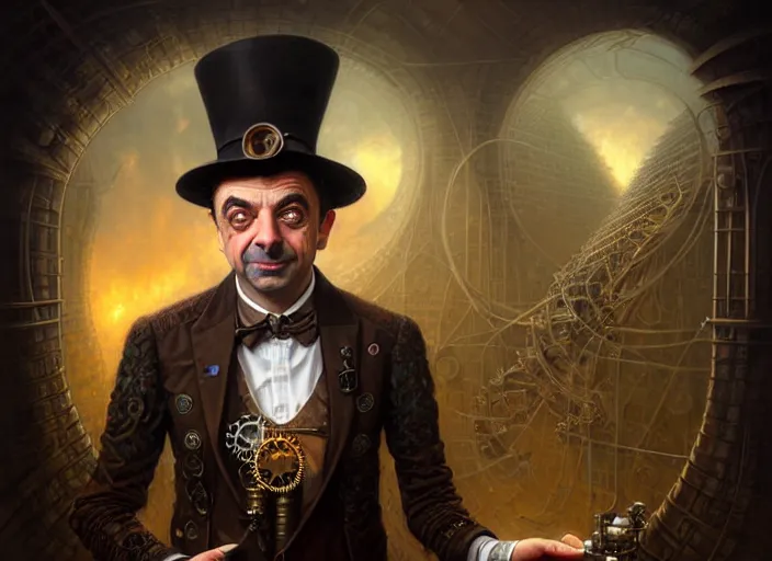 Image similar to steampunk portrait of rowan sebastian atkinson, fractal background, by tomasz alen kopera and peter mohrbacher