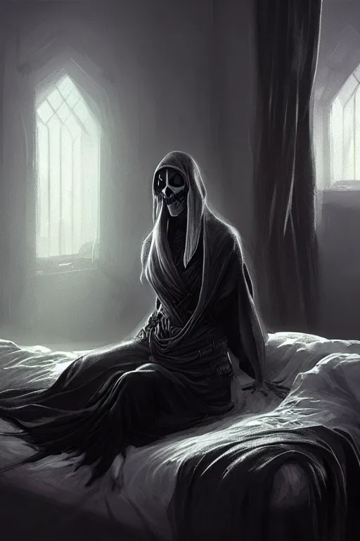 Image similar to death waking up from the bed , death is wearing black robe, sunrise coloring the room,fantasy, intricate, elegant, highly detailed, digital painting, artstation, concept art, smooth, sharp focus, illustration, art by Ilja Repin