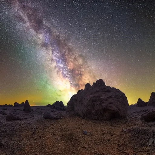 Image similar to Milky Way as seen in the night sky from stalagmite covered rock surface of an alien planet located in a different part of the galaxy, NASA true color 8k image, high detail