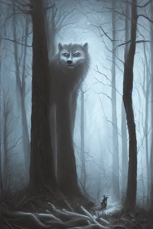 Image similar to dark and spooky woods featuring a menacing werewolf with glowing white eyes. atmospheric, foggy, oil painting on canvas. fairytale