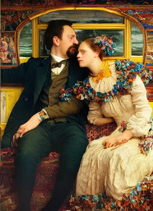 Image similar to detailed colourful masterpiece of photography by anne leibovitz couple portrait sat down extreme closeup, love, inside an underwater train, detailed realistic expressions, wearing unusual clothes, by ford madox brown and william powell frith and frederic leighton, ultra wide angle