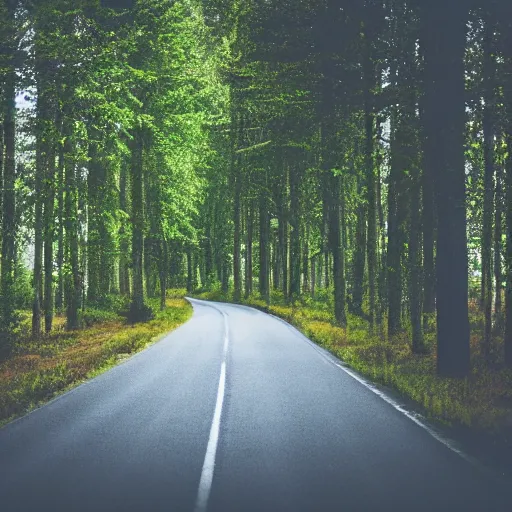 Prompt: realistic lonely road in the middle of the forest