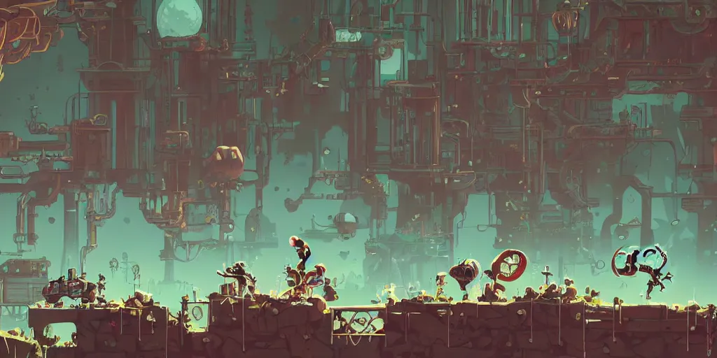 Image similar to Scenario without characters, empty scenario, art by Tomba, ori and the blind, Dead cells ,Hollow knight ,wonder boy , Megaman, Blasphemous , Portraiting a platform game showing an old industry, inside iron and machines, side scrolling, Rule of Thirds, 4K, Retrofuturism, Studio Ghibli, Simon Stålenhag