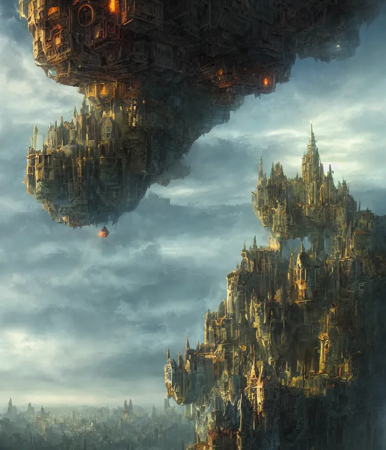 Image similar to a painting of a city castle floating in the air, flying island, sky town, levitating citadel, a matte painting by marc simonetti, deviantart, fantasy art, lush world above a vast apocalypse landscape, matte painting, apocalypse utopia art, sharp detail, ultrarealistic