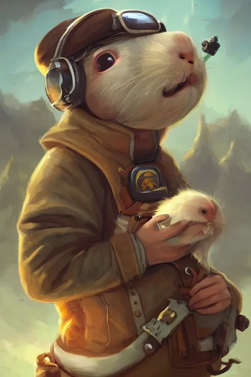 Image similar to cute little anthropomorphic Guinea Pig Pilot at an airstrip, tiny, small, short, Pilot outfit, cute and adorable, pretty, beautiful, DnD character art portrait, matte fantasy painting, DeviantArt Artstation, by Jason Felix by Steve Argyle by Tyler Jacobson by Peter Mohrbacher, cinematic lighting