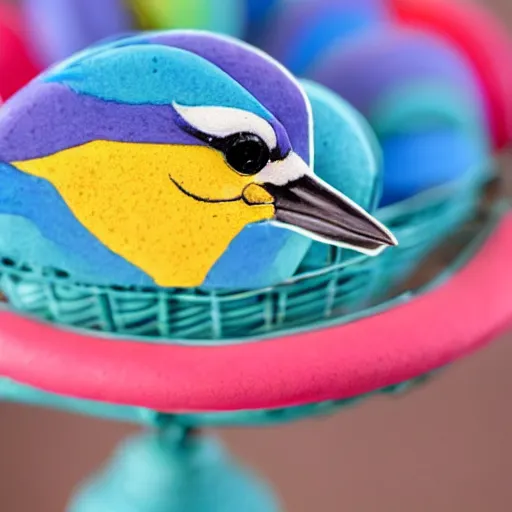 Image similar to A photograph of a (photorealistic blue jay) standing on a large basket of rainbow macarons.