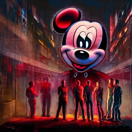 Image similar to a group of people standing around a giant bloody wounded mickey mouse, cyberpunk art by david lachapelle, cgsociety, sots art, dystopian art, reimagined by industrial light and magic, dark concept art