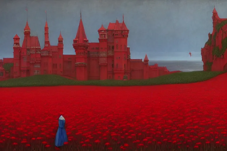 Image similar to only with red, red flowers of different types, red castle in background, red medieval goblins, in the style of beksinski, parts by edward hopper, parts by rodcenko, parts by yue minjun, intricate and epic composition, red by caravaggio, insanely quality, highly detailed, masterpiece, red light, artstation, 4 k