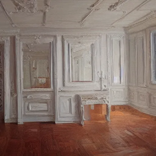 Image similar to maximalist painting of a white room, highly detailed painting, 8 k